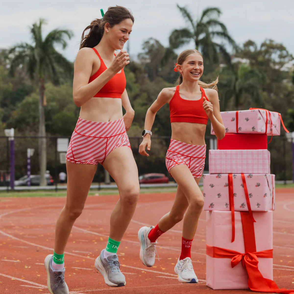 girls red stripe bike shorts