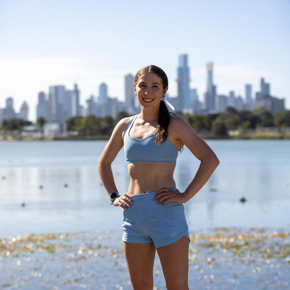 blue teen running crop