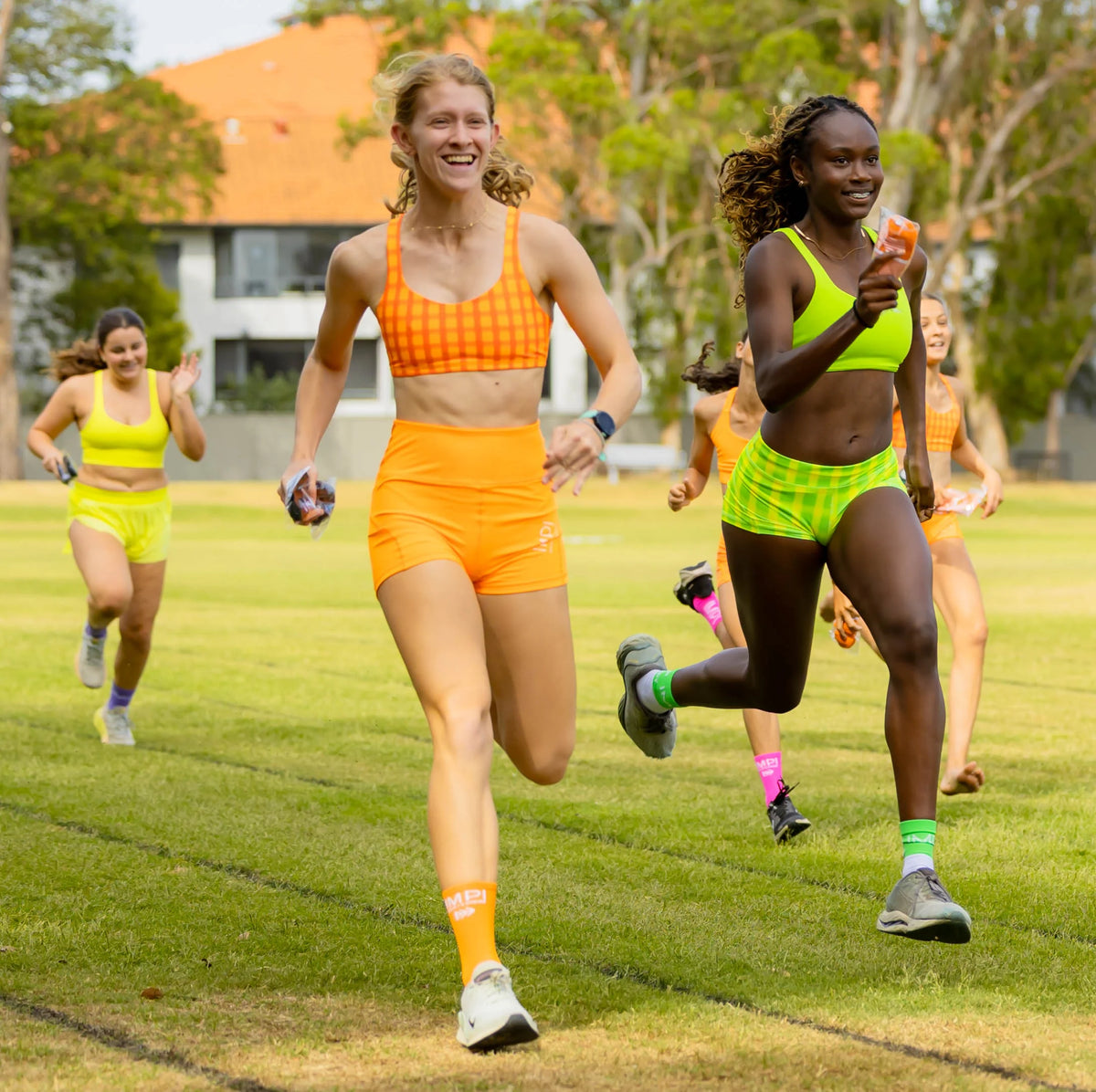 IMPI Strappy Girls Crop Top - Neon Orange Check