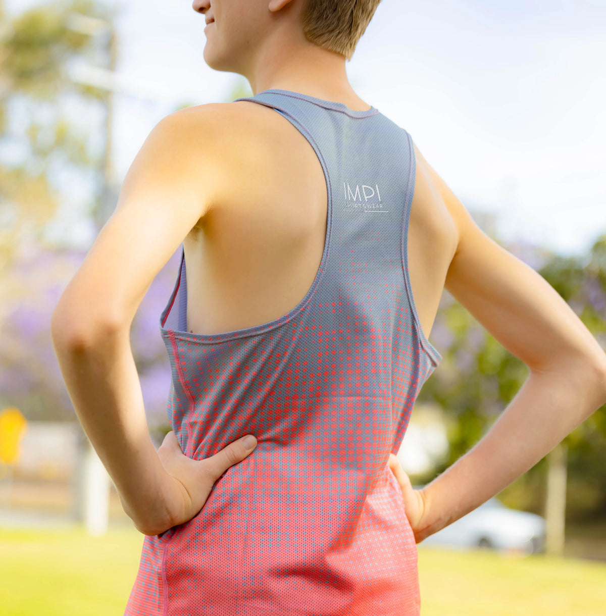 IMPI Boys Race Back Singlet -Grey/Neon Coral