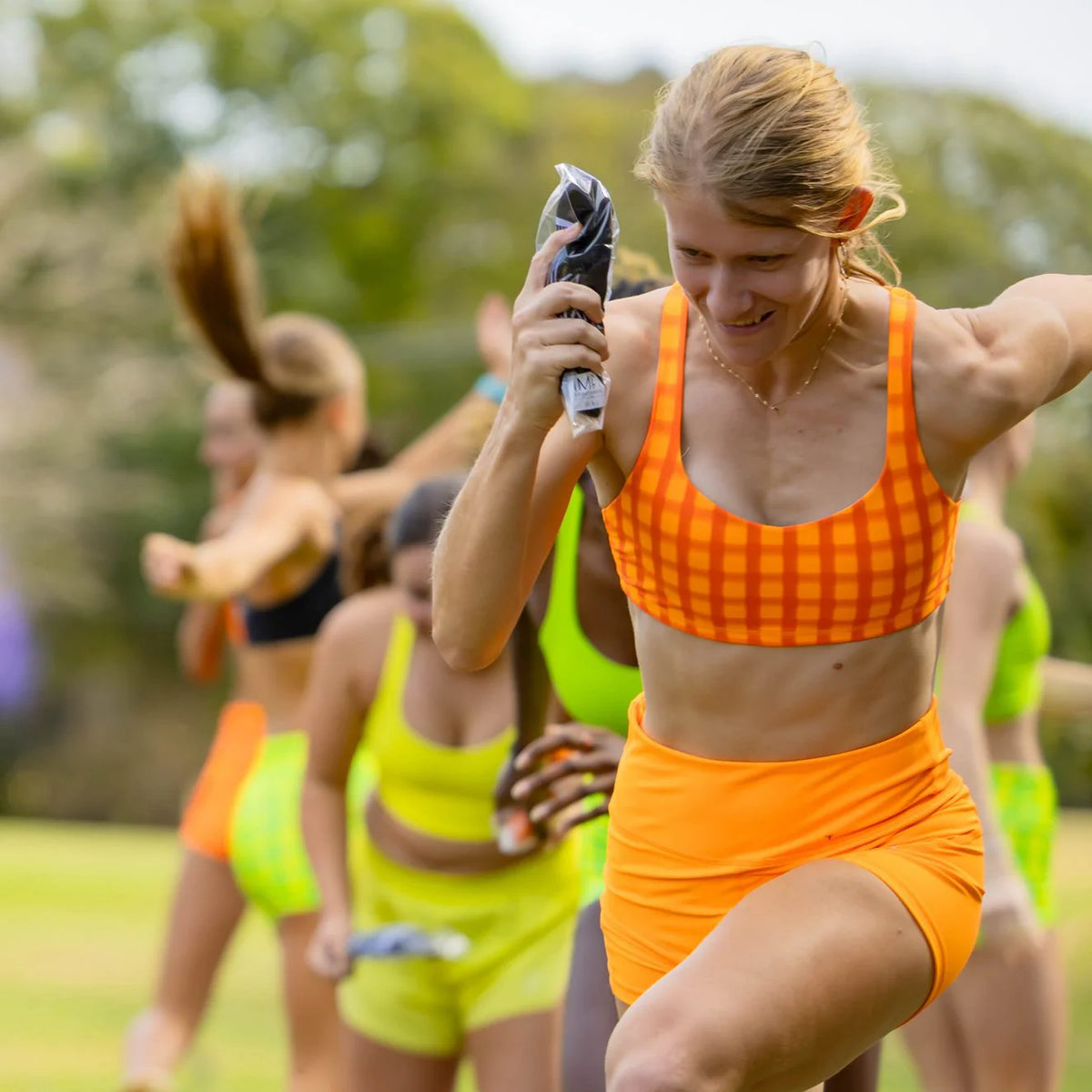 IMPI Strappy Girls Crop Top - Neon Orange Check