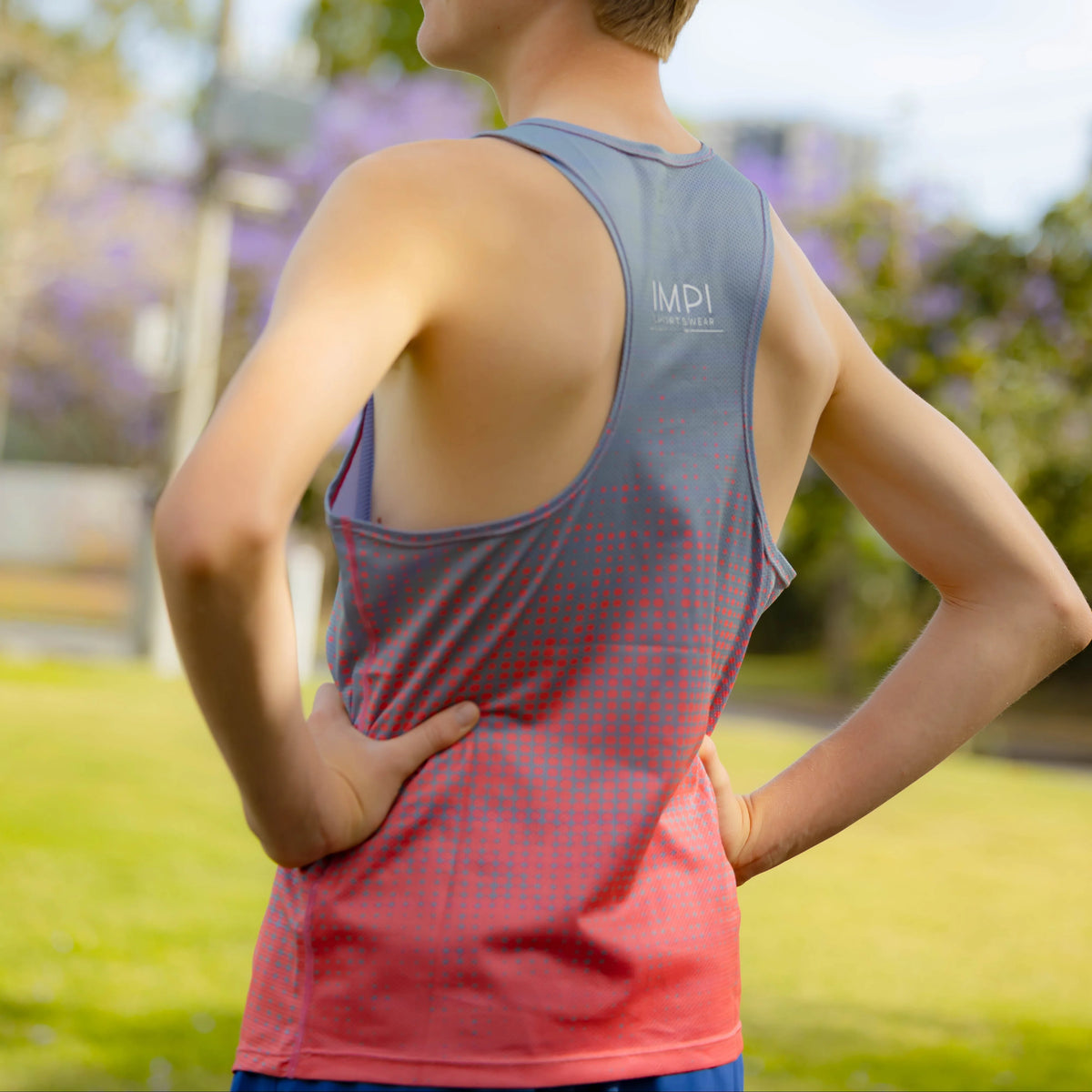 IMPI Boys Race Back Singlet -Grey/Neon Coral