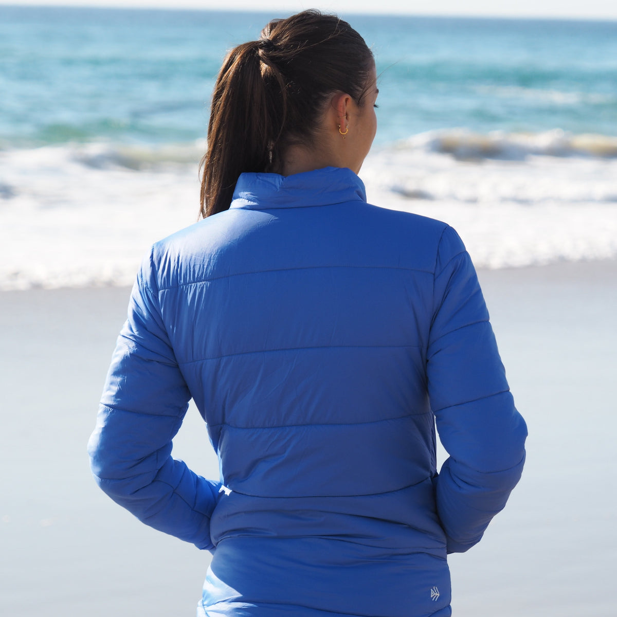 blue puffer jacket