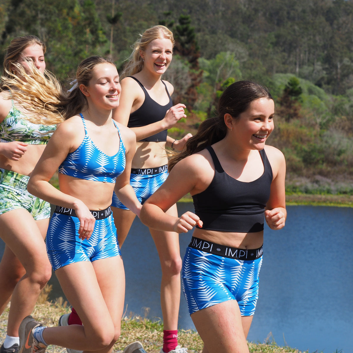 blue tribal running shorts